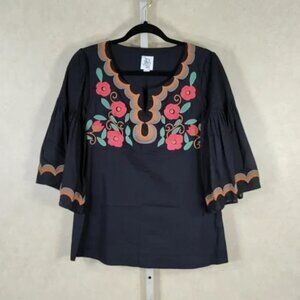 2178 Ivy Jane black embroidered bell sleeve blouse XS